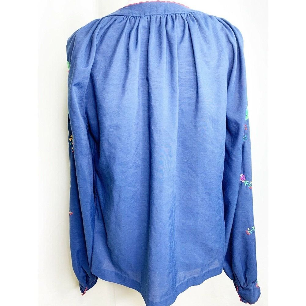Vtg Hand Embroidered Floral Peasant Top Rich Blue - Picture 7 of 8